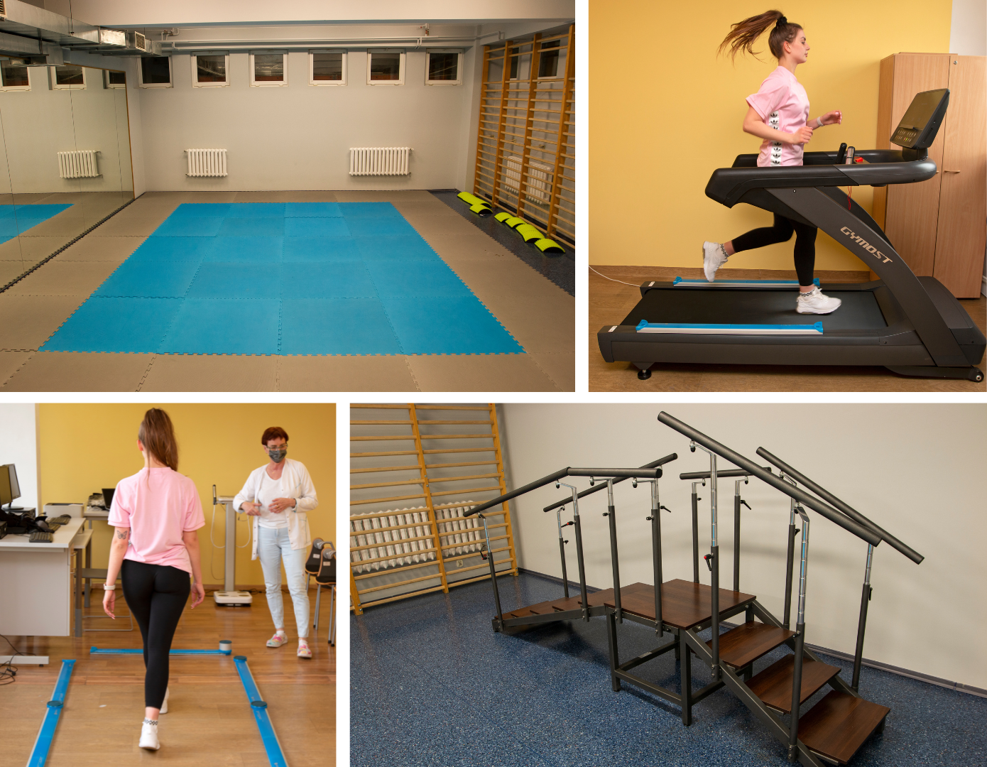 Cztery zdjęcia z pracowni biomechaniki. Sala do ćwiczeń, bieżnia, schodki.