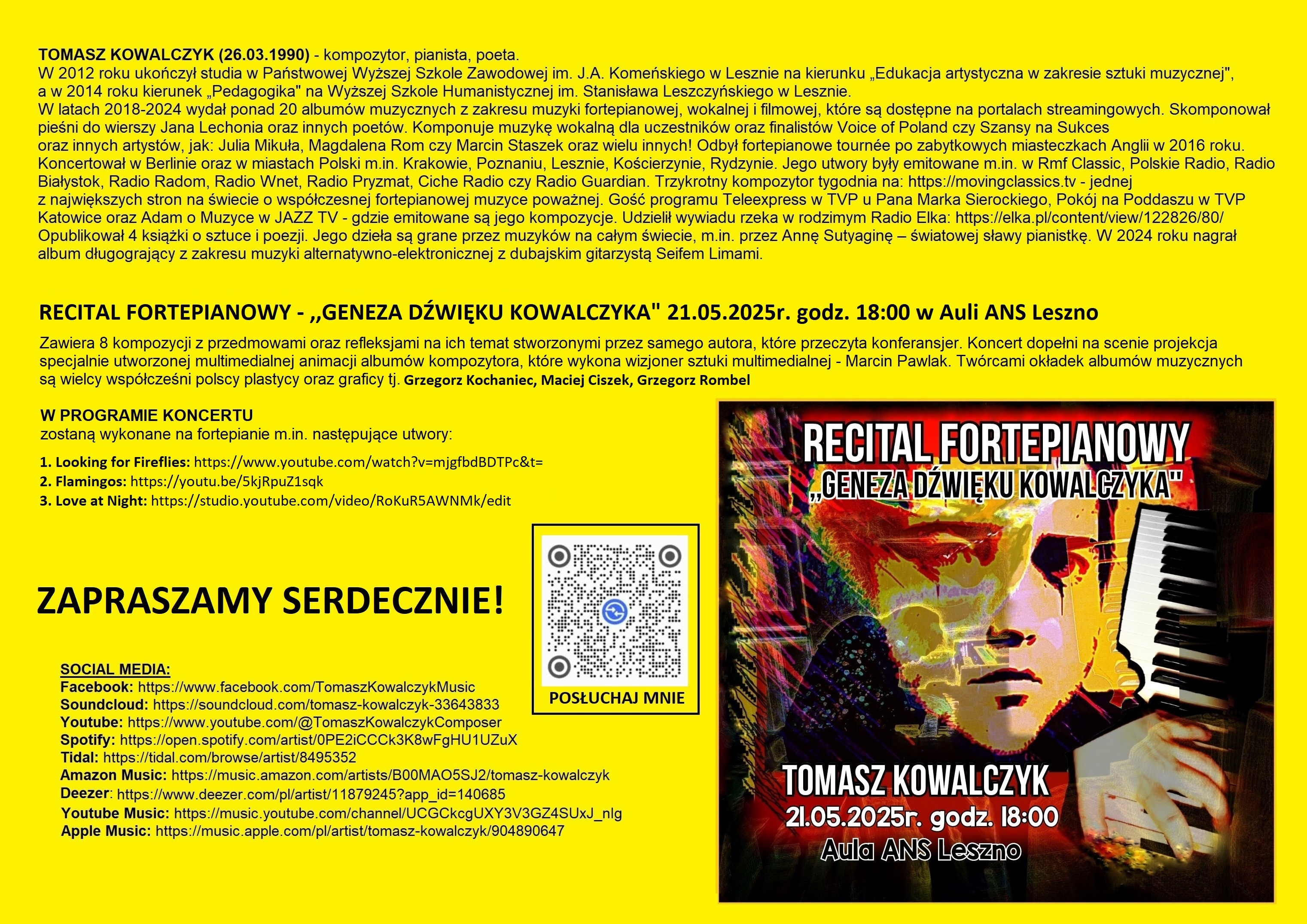 Plakat zapraszający na recital fortepianowy Tomasza Kowalczyka.