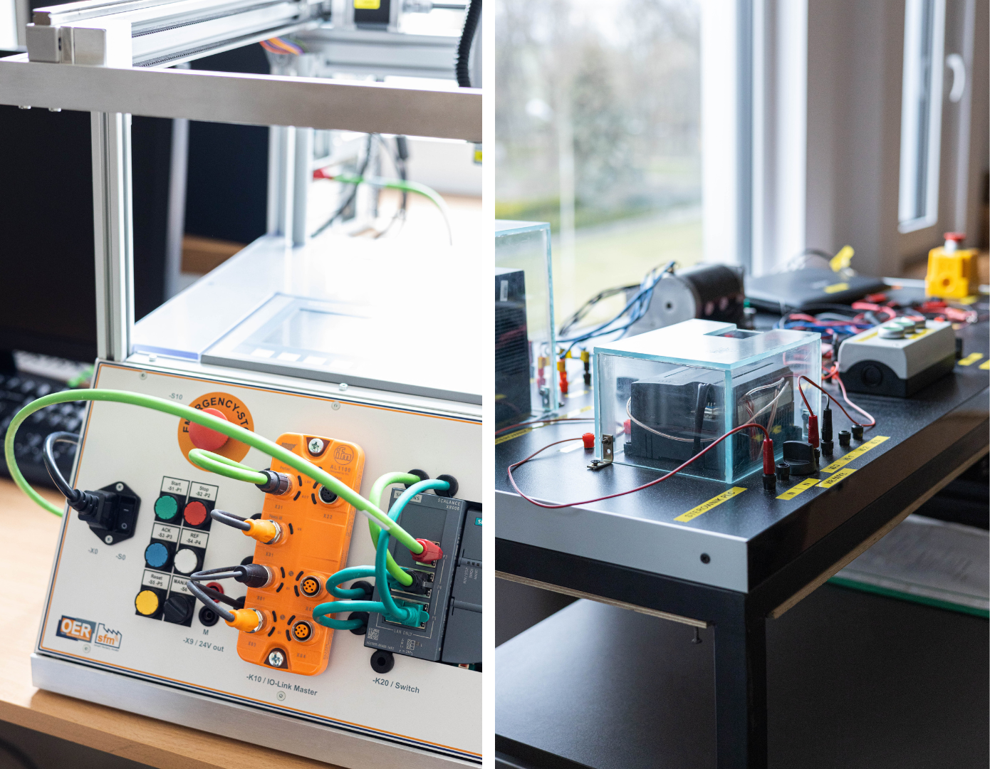 Stanowisko z przekaźnikami elektromagnetycznymi i stycznikami elektromagnetycznymi.