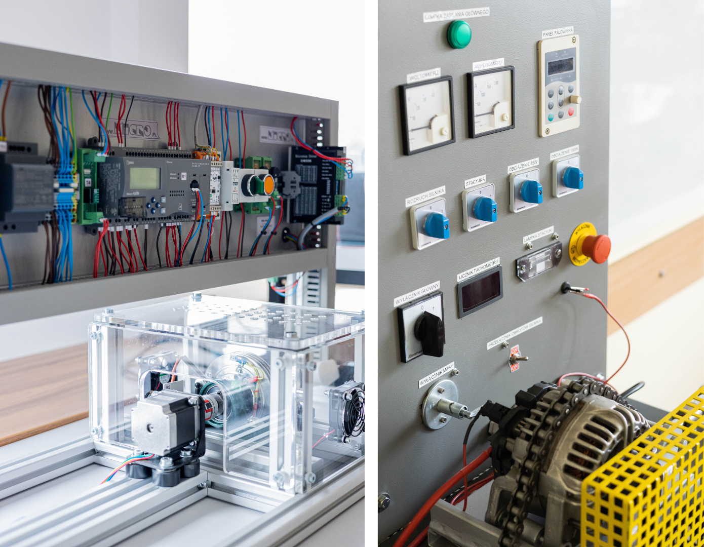 Stanowisko z przekaźnikami elektromagnetycznymi i stycznikami elektromagnetycznymi.
