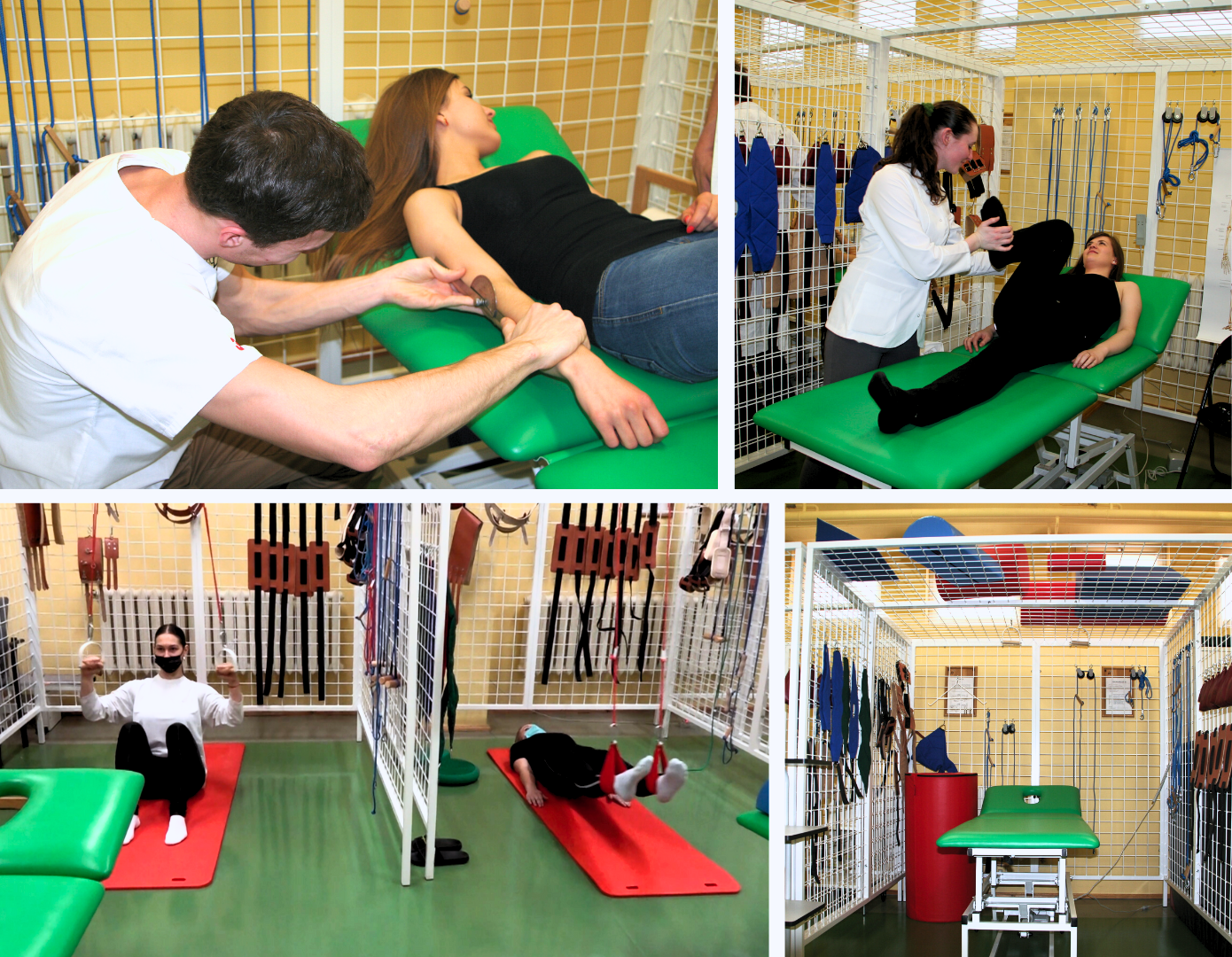 Ćwiczące osoby na matach oraz na łóżku fizjoterapeutycznym.