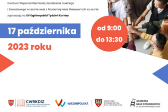 Plakat targów pracy i praktyk zawodowych. Informacja, że targi odbywają się 17.10.2024 w godzinach 9:00-13:30.
